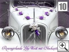 Hochzeitsauto Blumenschmuck Beispiel 10 - Rosengirlande Girlande Tauben & Rosen mit lila Blüten